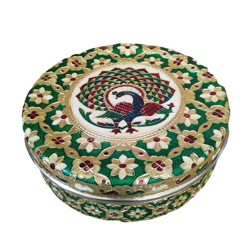 White Green and Red Peacock Meenakari Round Box, For Storage img