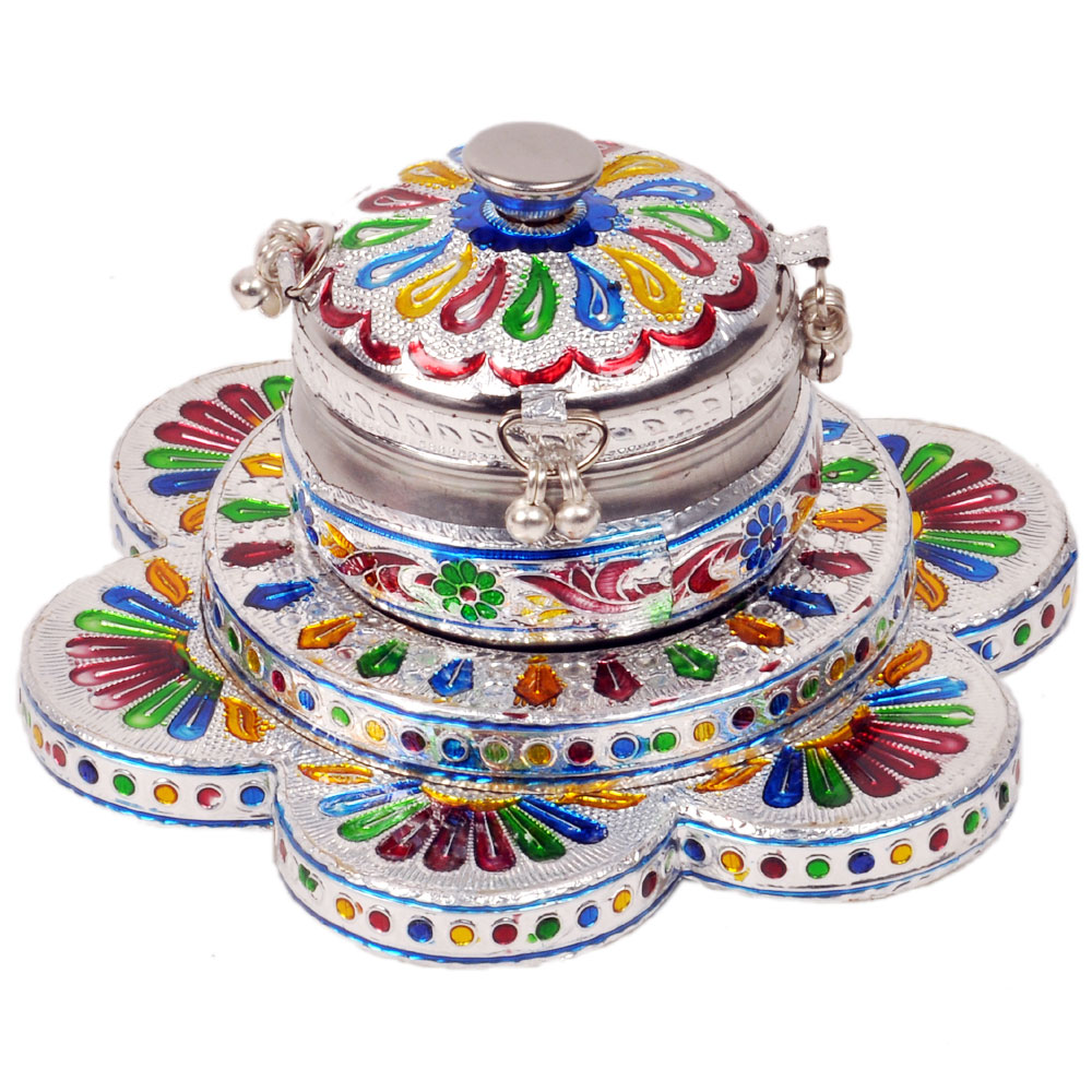 Little india Silver Meenakari Work Floral Pan Box with Serving Tray 329 img