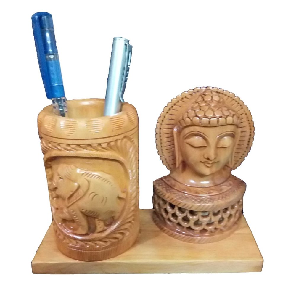 Donkhoria Brown Wooden Handicraft Pen Stand With Buddha Idol