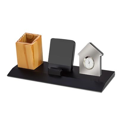 Wooden Pen Stand Card Holder And Clock Desktop Gifts