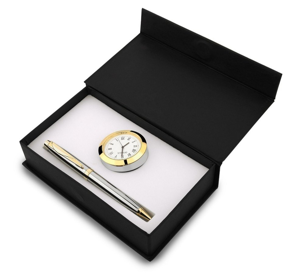 Golden And Silver Metal And Glass Watch Pen Corporate Gift Combo Set