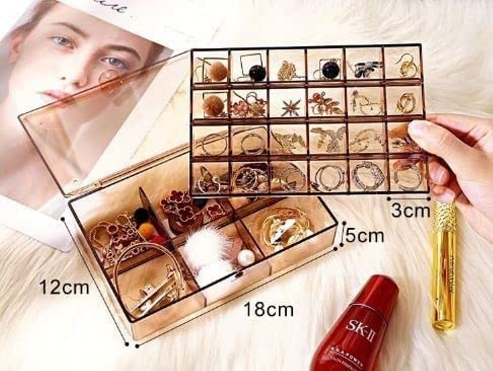 Transparent Plain 2 Layer Acrylic Jewelry Storage Box Grid Box Organizer for Jewelry, For Home