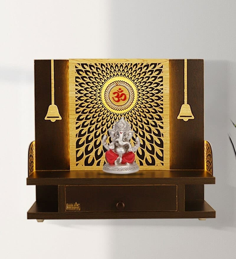 Painting Brown MDF Hand Crafted Open Concept Home Mandir With LED img