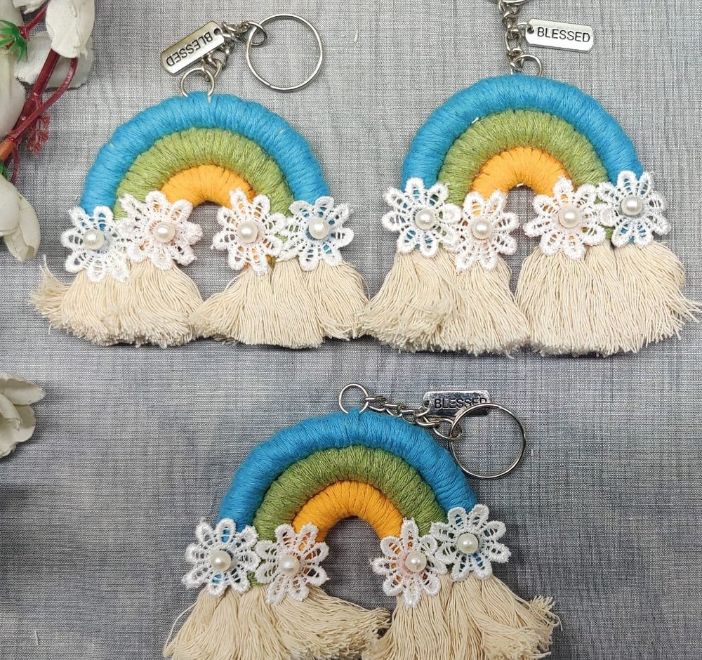 Key Ring Multicolor Rainbow Shape Macrame Keychain, Size: 4 Inch