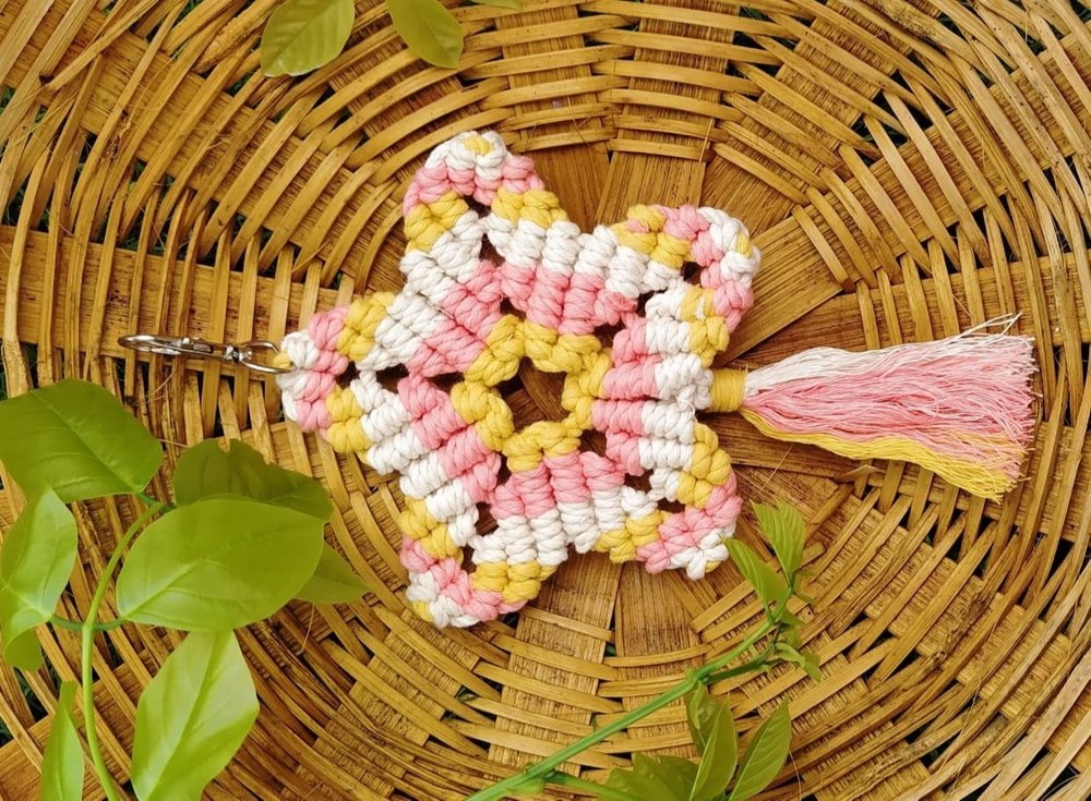 Pink, Yellow And White Star Macrame Key Chain, For Keys, Size/Dimension: 4inch