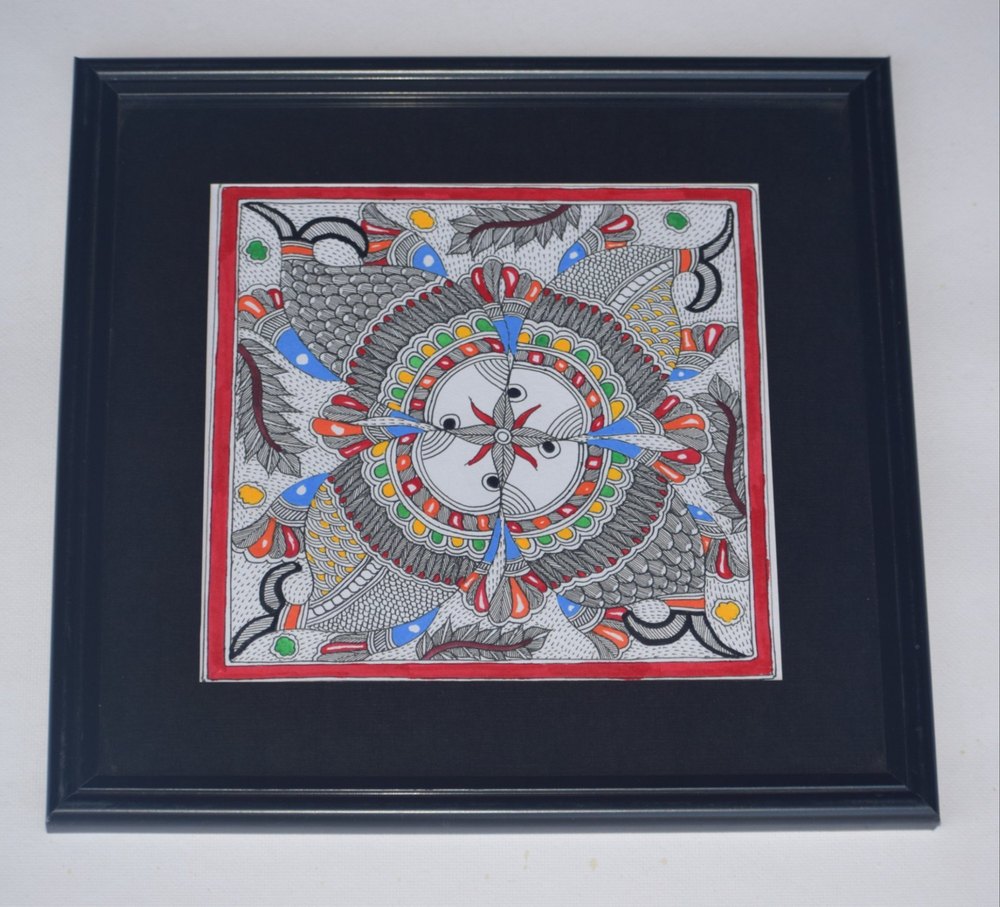 Multicolor Matte Framed Madhubani Fish Painting, Size: 10X10inches