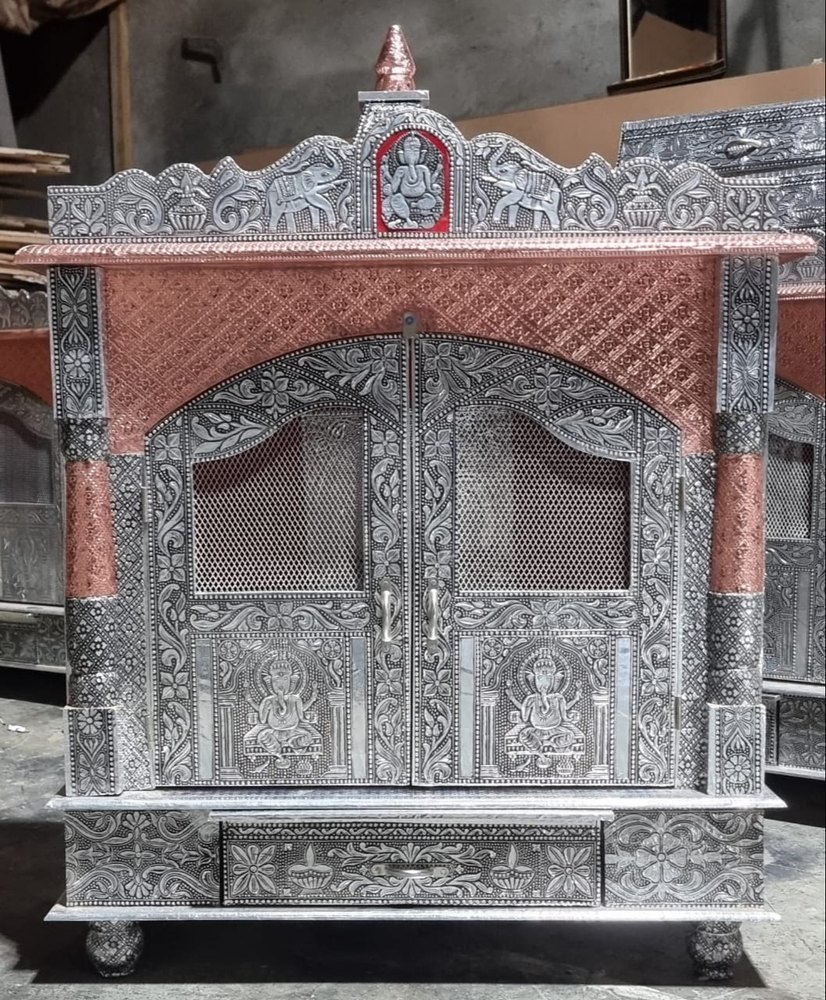 Gray Hand Carved Aluminium And Copper Oxidised Temple, For Home