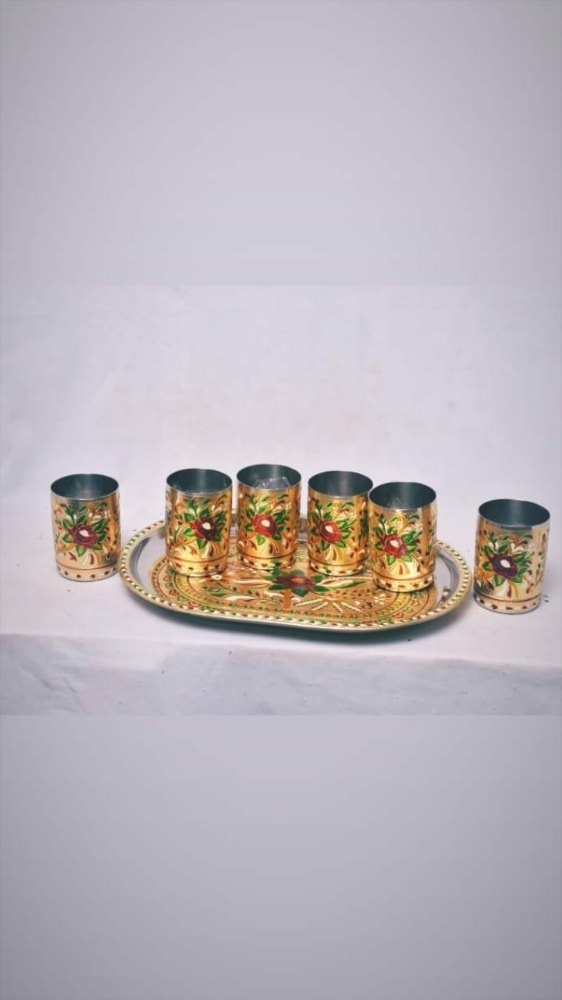 Multicolor Stainless Steel Meenakari Glass Set, For Home img