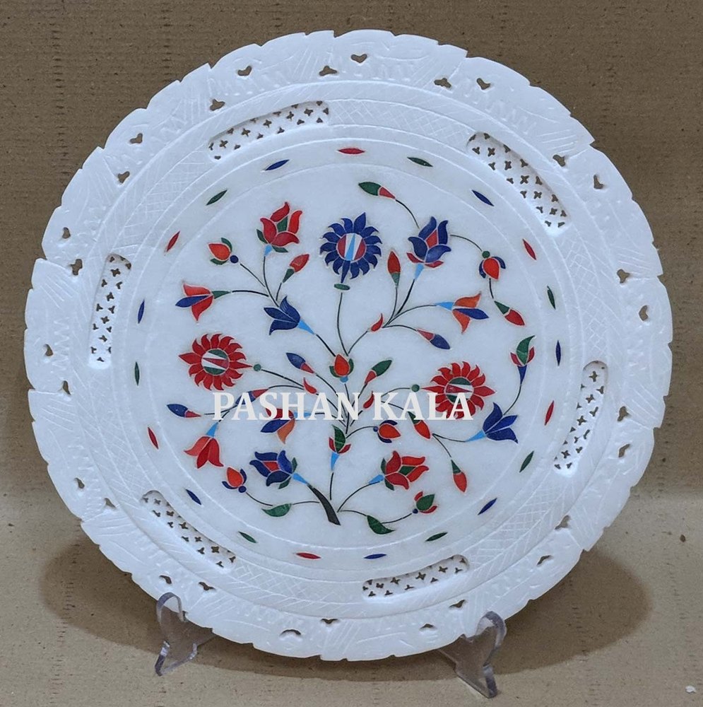 White Marble Round Stone Pietra Dura Plate, For Home, Standard