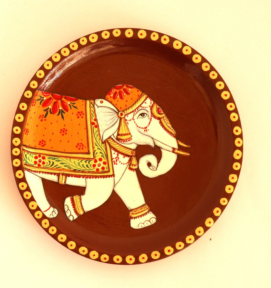 Multicolor Meshilp Wooden Hand Painted Decorative Elephant Round Plate, For Event, Size: 6X6X.1