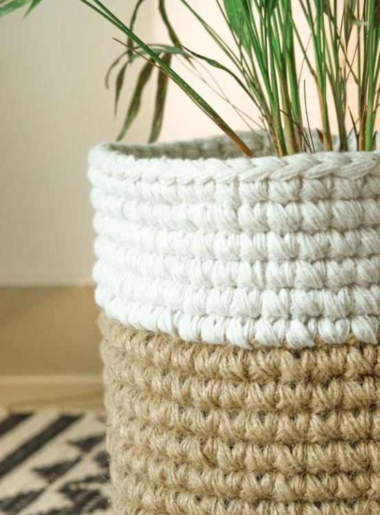 Print Shoppie Jute & Cotton Rope Plant Basket Woven Storage Basket Decorative Flower Pot