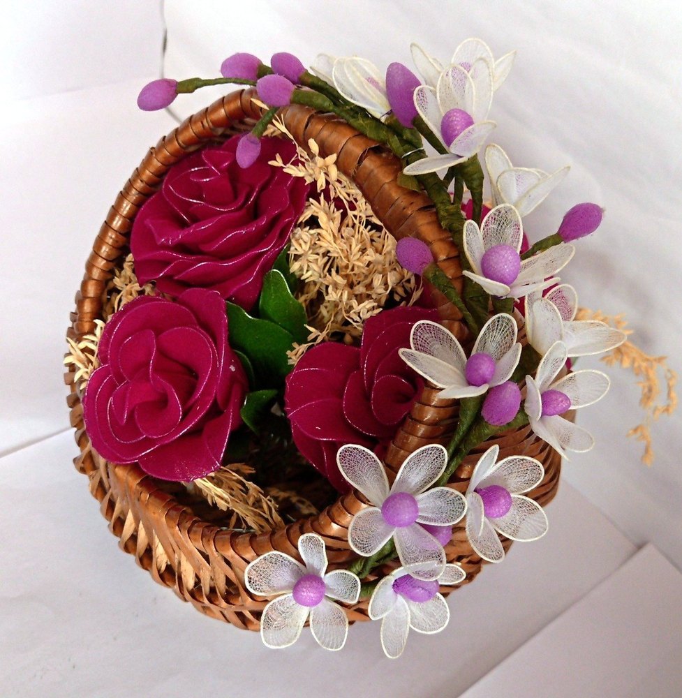 Round Maroon, White And Lavender Handmade Maroon Rose Flower Basket, Handcrafted, 28 X 32 X 26 cm