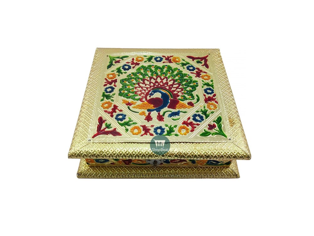 ShopBeat Golden Meenakari Peacock(left) Wooden Dry Fruit Box 8x8 inch, Box Capacity: 500 gms