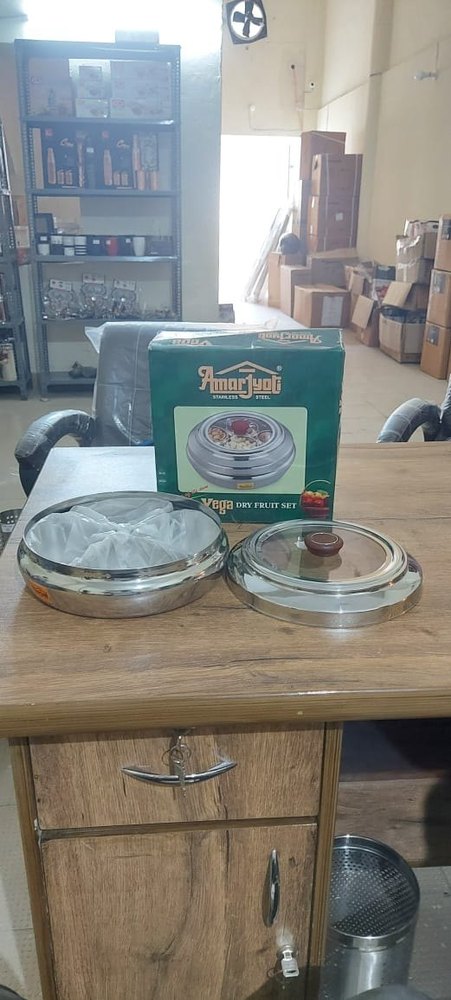 Silver Round Amar Jyoti Stainless Steel Vega Dry Fruit Set, For Home