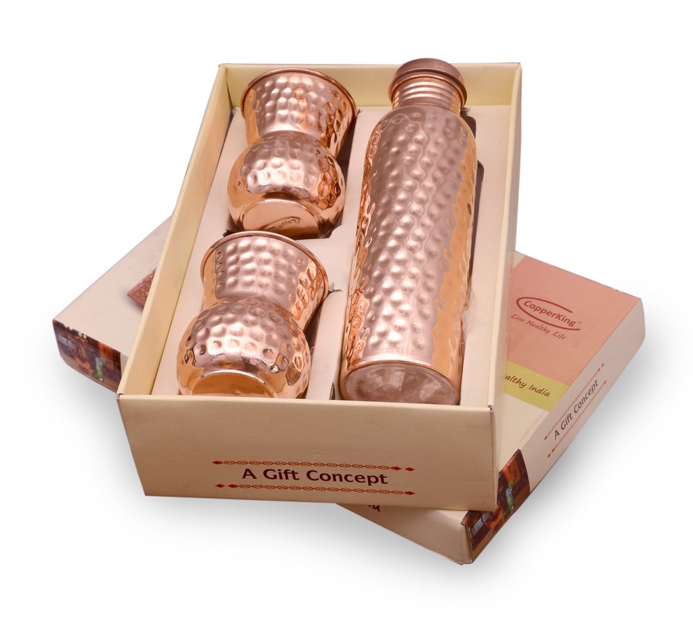 CopperKing Gift Set _ Hammered Dholak Glass & Copper Bottle img