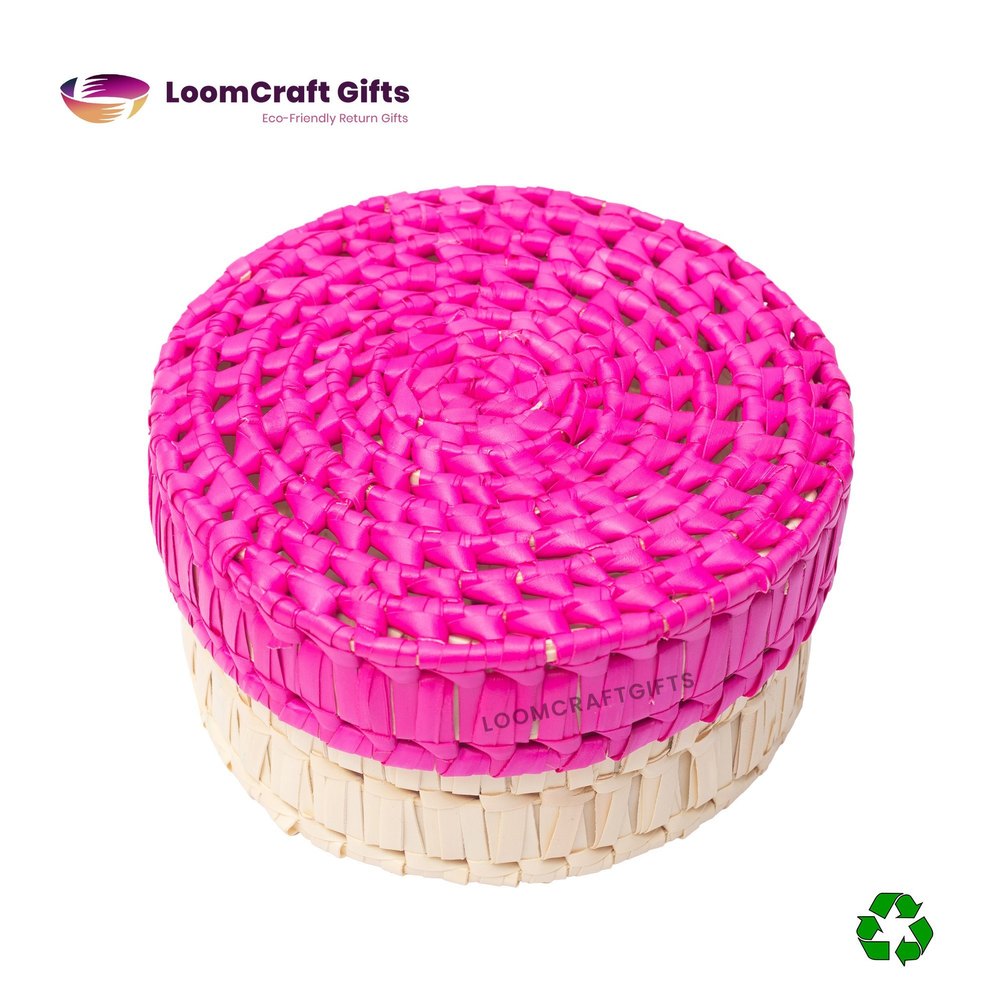 Pink And White Round Palm Leaf Box, Size/Dimension: 6 X 3inch