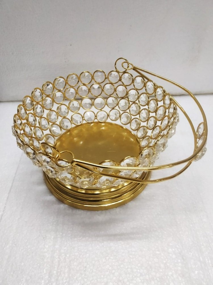 Glossy Round Golden Crystal Basket, For Home