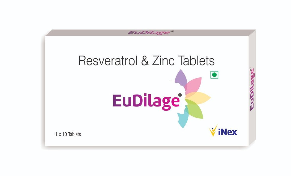 Resveratrol And Zinc Eudilage Tablets, Packaging Size : 1 x 10 Tablets, Inex