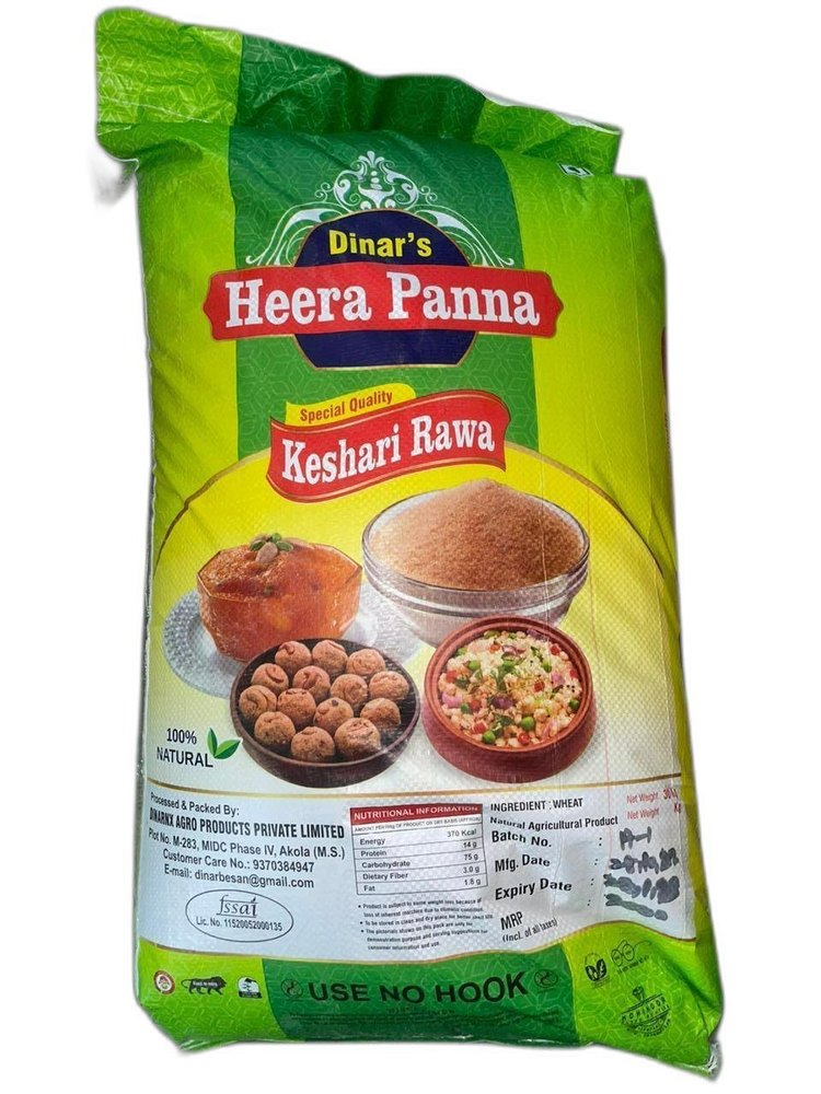 Indian Wheat 30Kg Dinars Heera Panna Keshari Rawa, Packaging Type: Bag