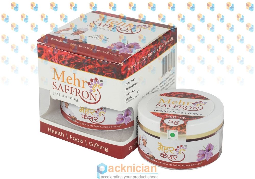 Mehr 5gm Saffron Container, Packaging Size: 65mm X 65mm X 65mm, Packaging Type: Plastic Box