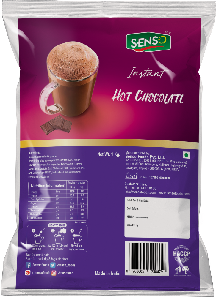 Senso Hot Chocolate Premix, Packaging Type: Bag, Pack Size: 1KG