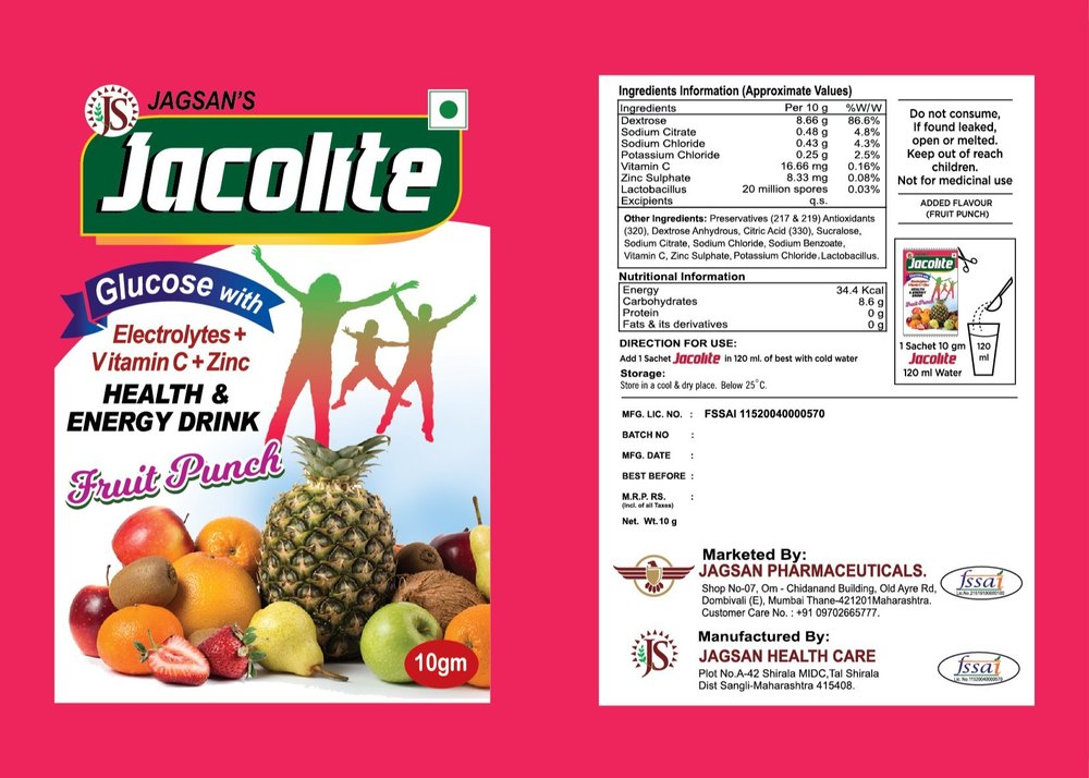 Jacolite Fruit Punch Energy Drink Powder, Packaging Size: 4 X 10G, Packaging Type: Box