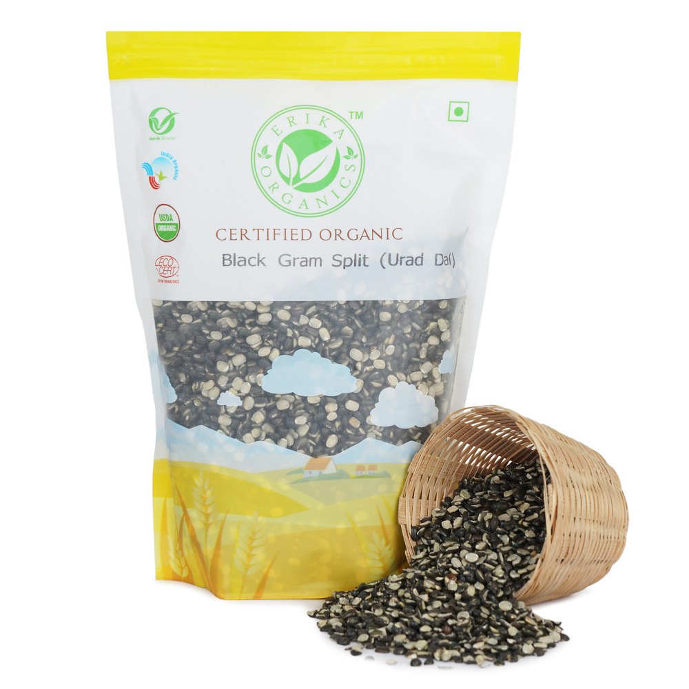 Erika Organics Urad Dal Black Split Chilka Gram, Organic, Packaging Size: 500 Gm