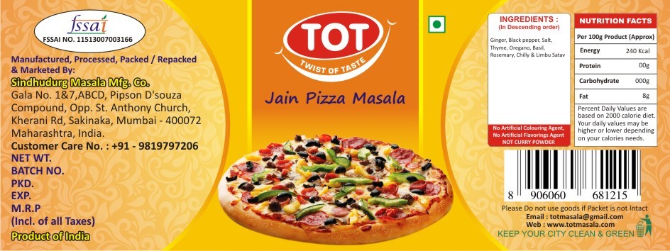 Jain Pizza Masala, Packaging Size: 50g, Packaging Type: Bottle