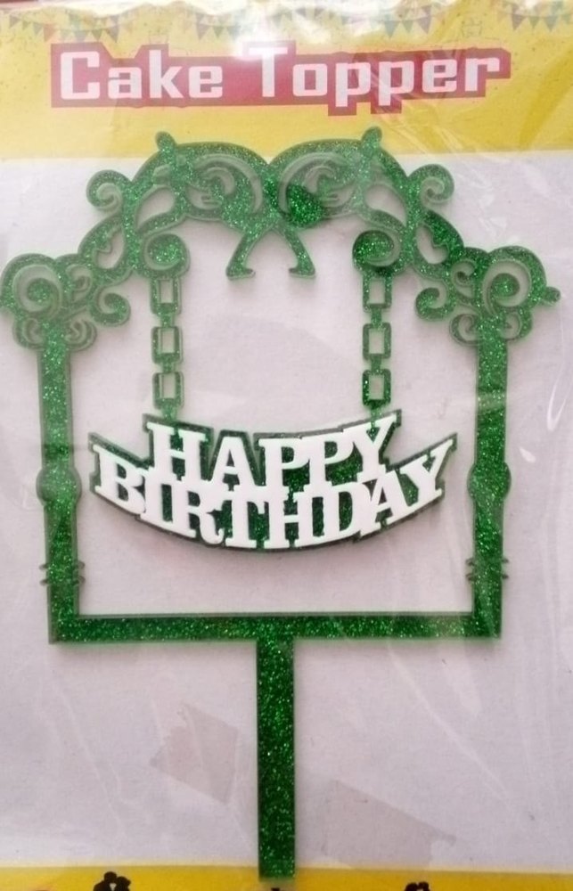 Plastic WHITE-GREEN HAPPY BIRTHDAY (GREEN FRAMES) CAKE TOPPER GOLDEN FINISH ACRYLIC img