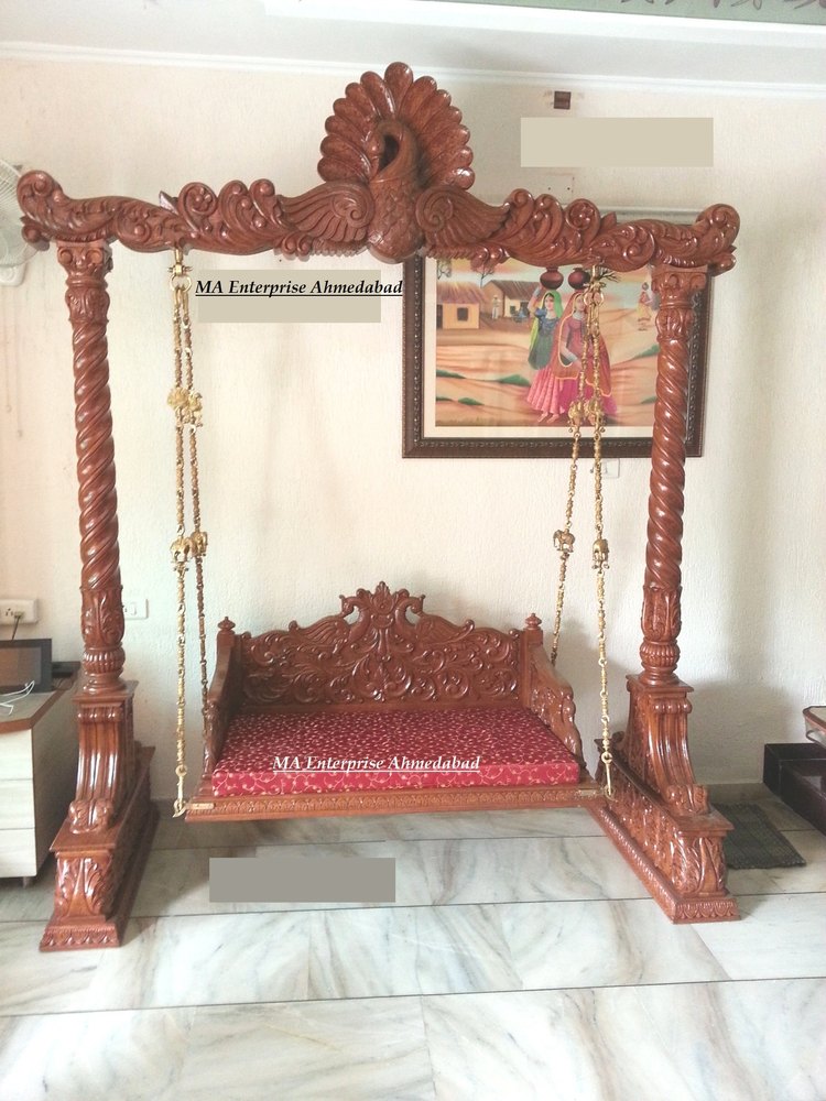 African Ghana Teak Wood Antique Rajwadi Wooden Swing with Peacock Theme, for Indoor, Fully Carving