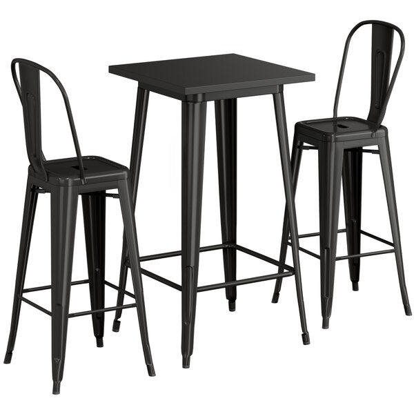 Iron Black Outdoor Bar Height Table with 2 Metal Cafe Bar Stools