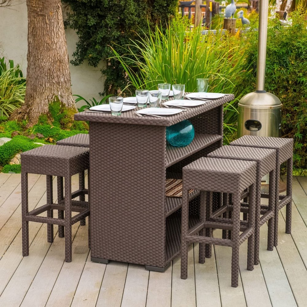 Brown Wicker, Aluminium Bar Table Set