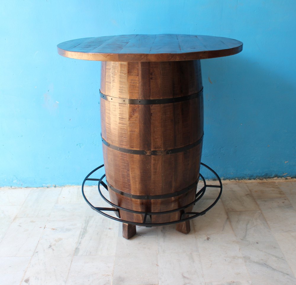 42 MS Vintage Rustic Rough Mango Wood Barrel Shape Table