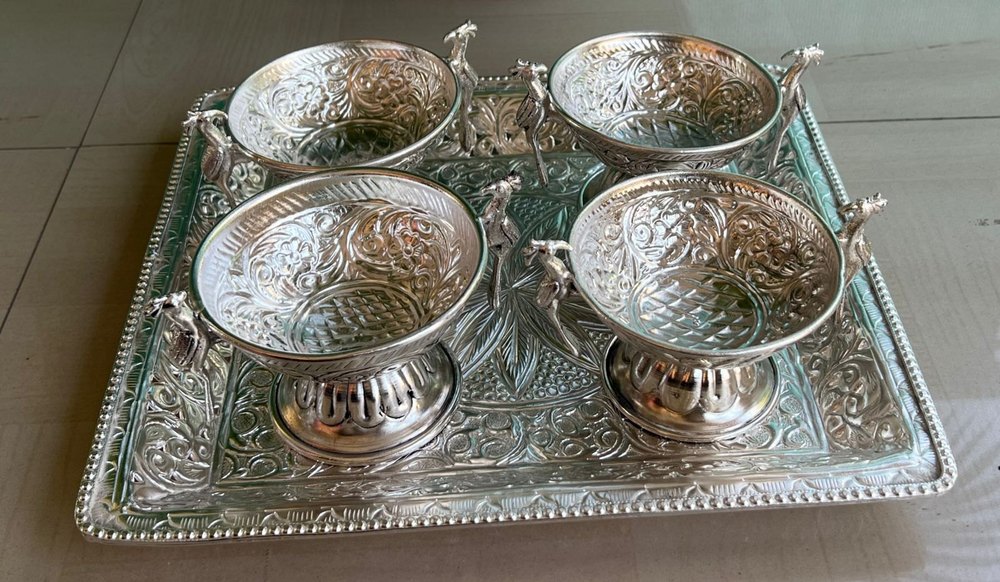 German Silver Parrot Bowls With Tray
