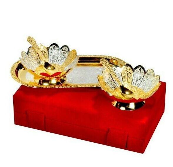 Two Tone Silver And Gold Plated Brass Bowl Tray With Spoon Set Of 5 Pcs, Size: 3.5 Inch