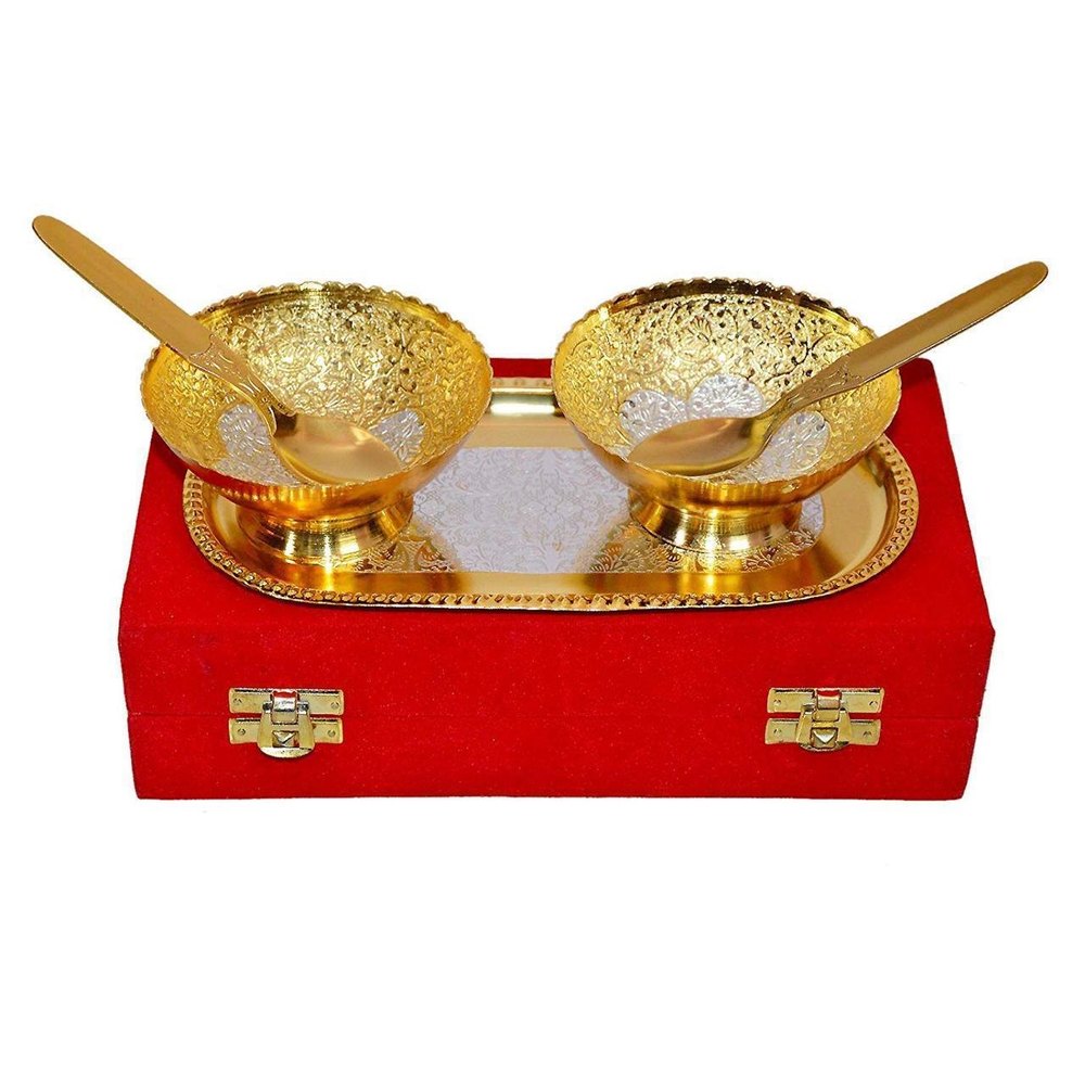 Shine Gold & Silver Plated Dry Fruit Bowl Set with Tray and Spoon, Size: 3.5 Icnh