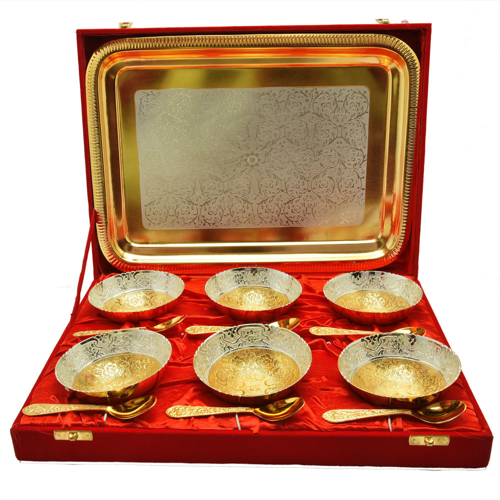 Brass Gold Plated Six Bowl and Spoon Set