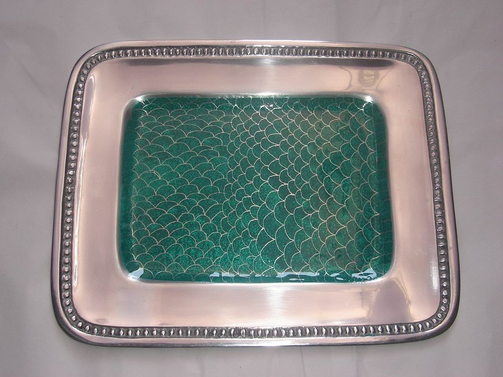 M B Exports Green and Silver Plated Tray