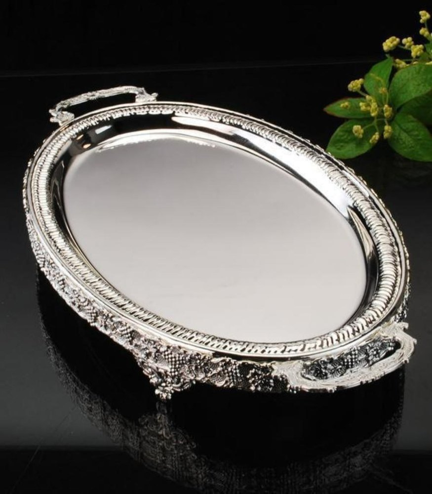 Designer Silver Plated Oval Tray, Size: 4x7 Inch