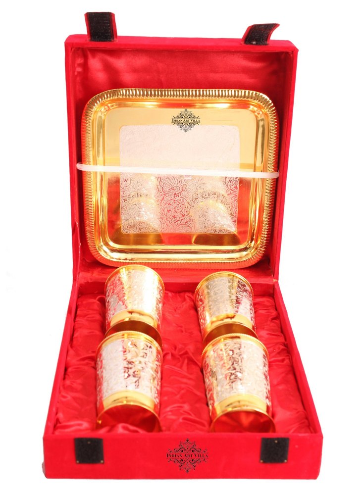 Embossed Finish Golden Finish Silver Plated Gold Polished 4 Glasses with 1 tray, Size: 4*2.5 Inch