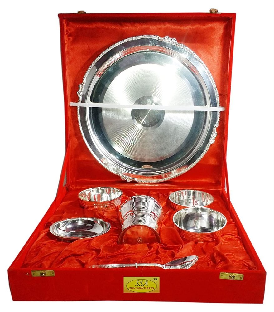 High Quality Silver Plated 7 Piece Dinner Set Thali Set With Gift Packing Box For Use Dinerware