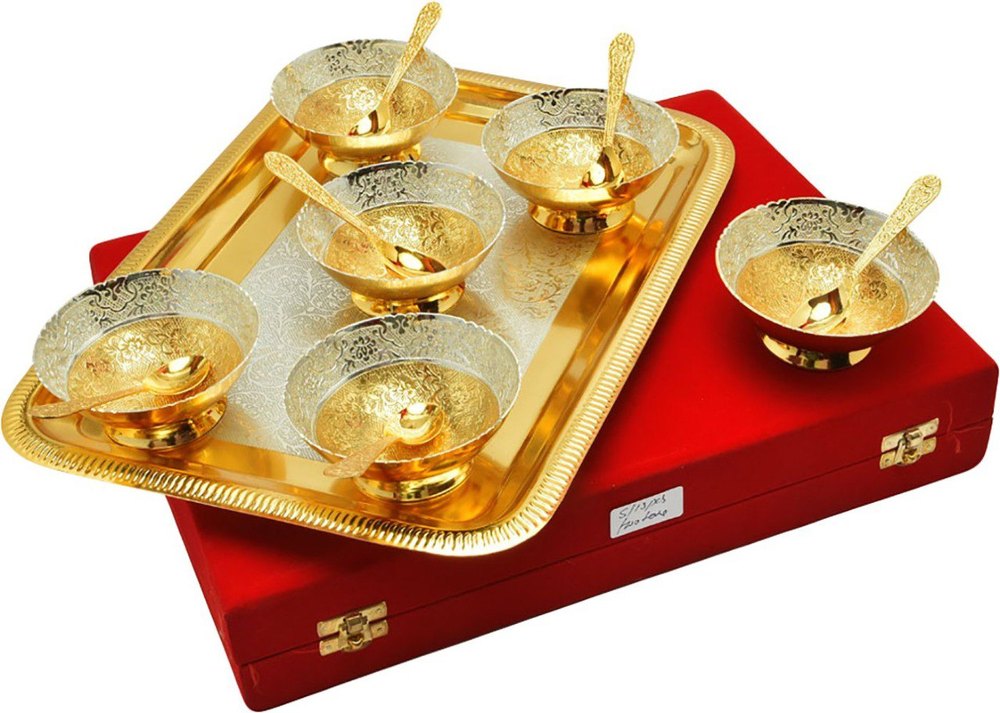 Round Golden Brass Bowl Set With Spoons And Tray, For Gift