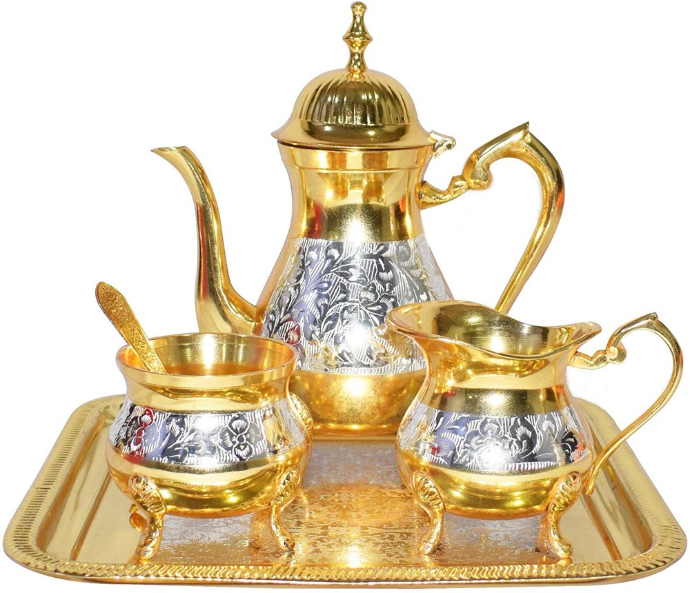 Metal Brass Tea Coffee Set Gold-Silver Plated for Home, Size: 8