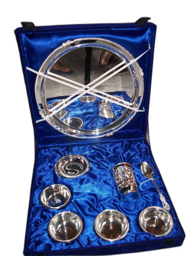Round Brass Silver Plated Bhojan Thali Set