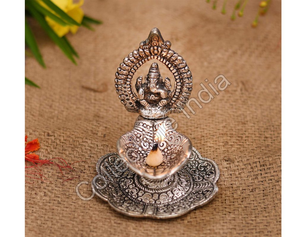Collectible India Silver Plated Ganesha Diya Oil Lamp - Metal Hand Craved Diya