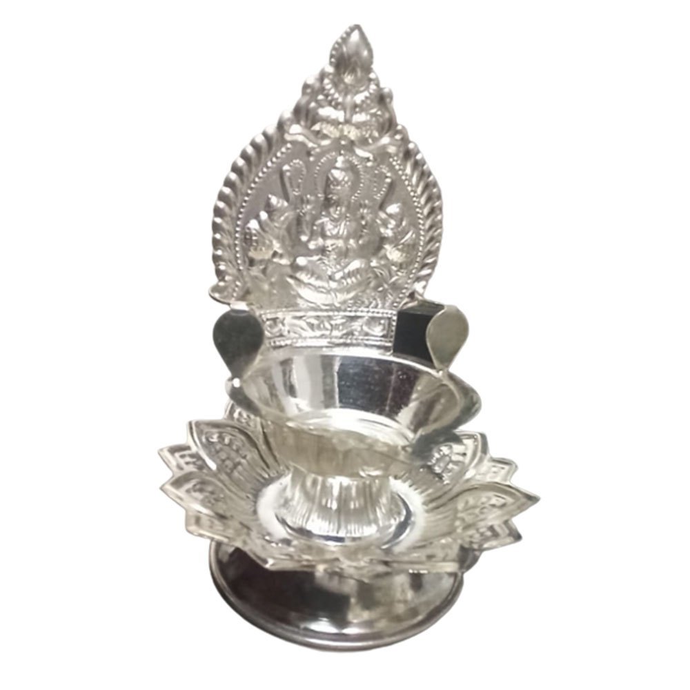Polished Engraved Pure Silver Kamakshi Deepam, Size: 8.5x8.5x9cm
