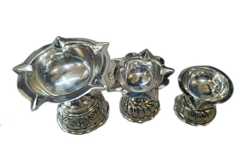Polished Antique Round Silver Pooja Diya Set