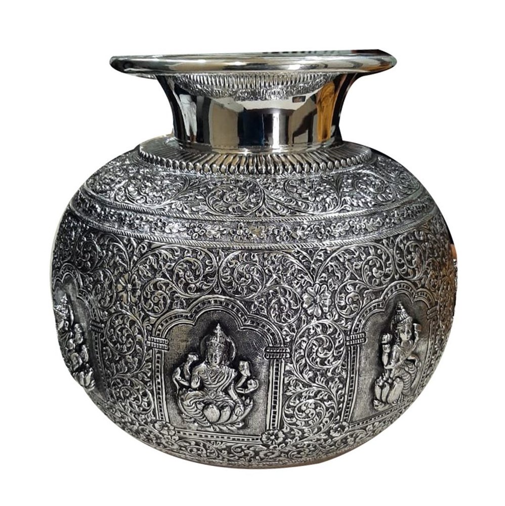 Polished Antique Silver Ashtamangala Kalash, Size: 6 Inch img