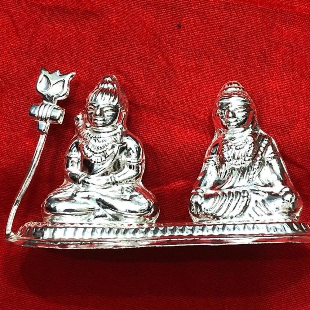 Polished Silver Shiv Parvati Idol, Temple