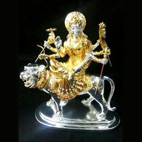 Golden (Gold Plated) Maa Durga Antique Resin Sherawali Statue